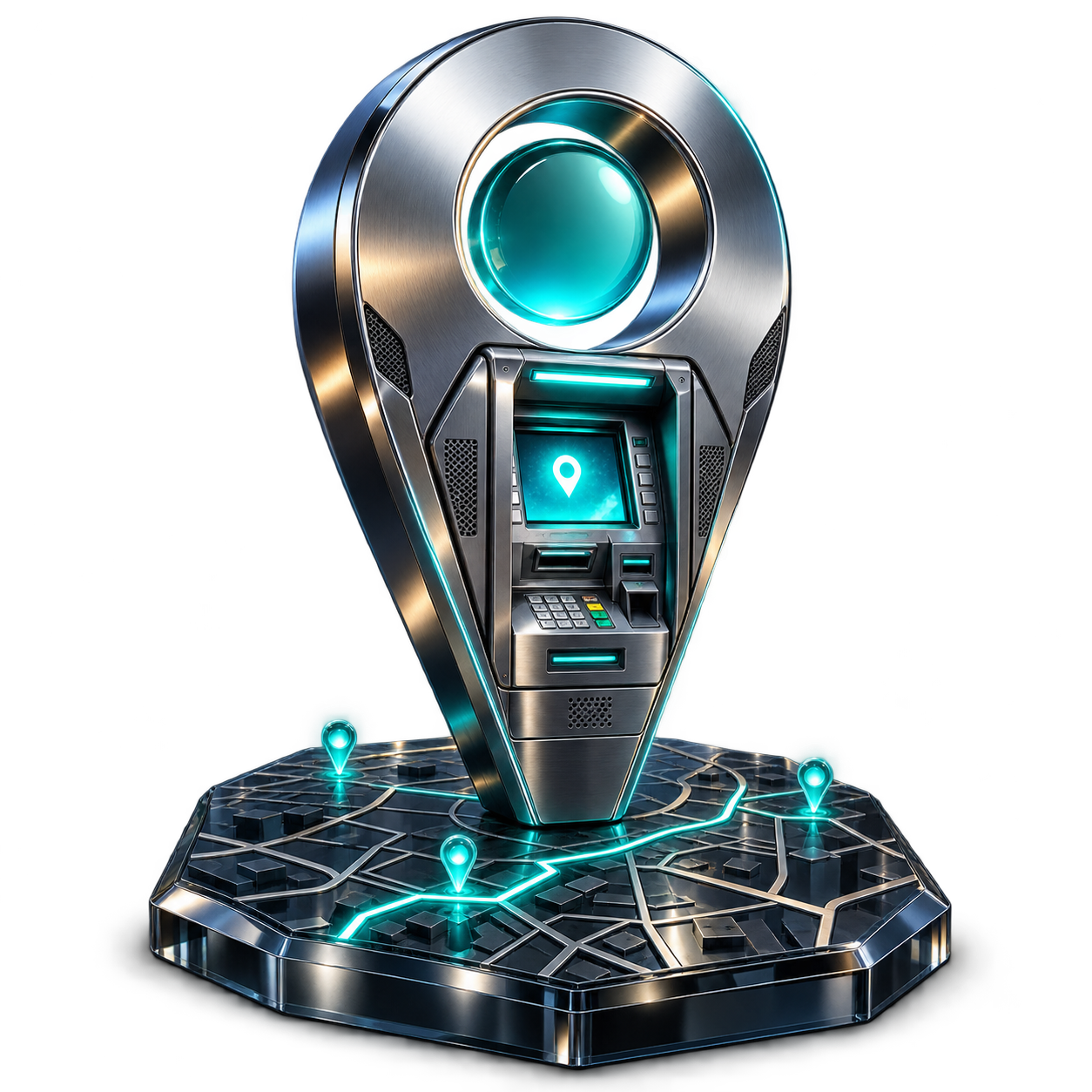ThailandATM’s chrome location beacon and cash machine over an illuminated abstract street map