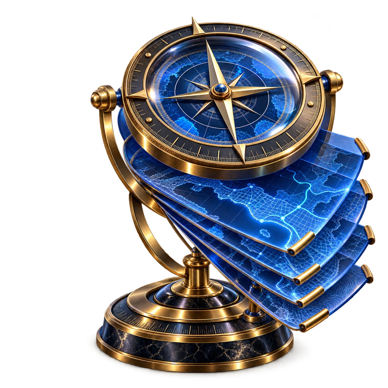 PattayaEngine’s precision brass compass over layered illuminated abstract blue cartography