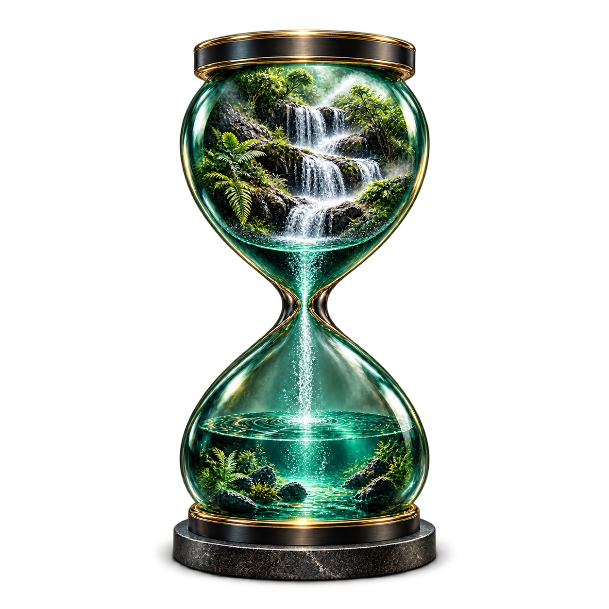 SabaiFocus’s emerald glass hourglass with an imagined forest waterfall and tranquil pool