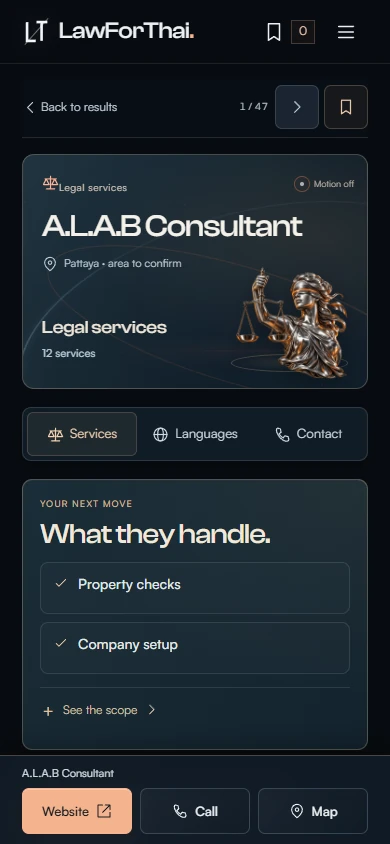 Saved LawForThai office interface at a phone viewport, captured 4 October 2026
