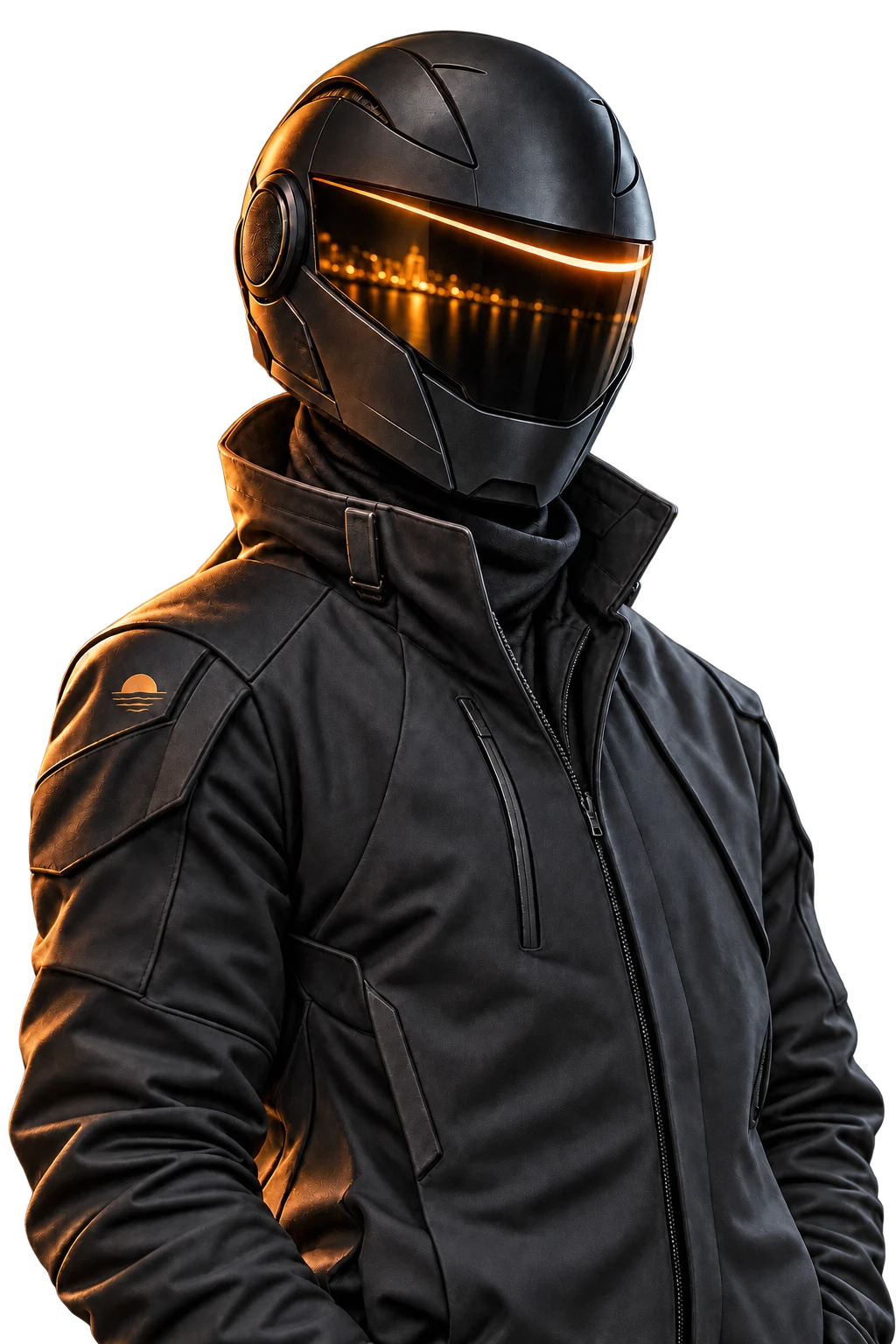 Close detail of the copper visor and graphite helmet