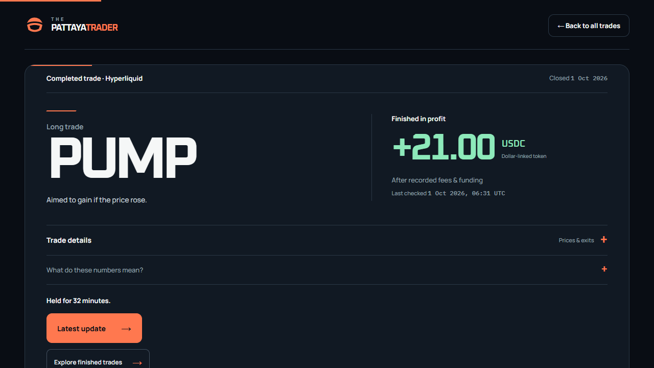 Saved ThePattayaTrader completed PUMP trade page, captured 3 October 2026